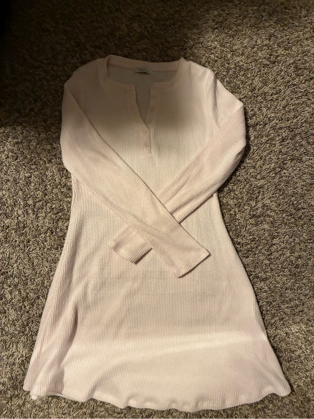 Ribbed Long-Sleeve Henley Dress in Pale Pink